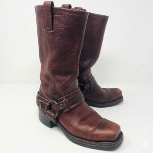 Vintage Frye Harness Boots Brown Pebbled Leather Moto Combat Western Size 6